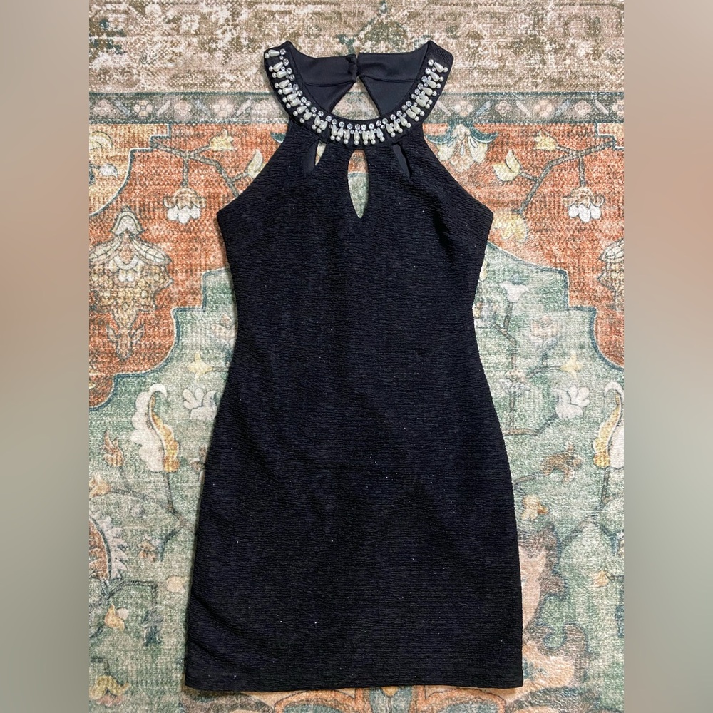 Teeze Me Black Mini Dress with Embellished Neckline